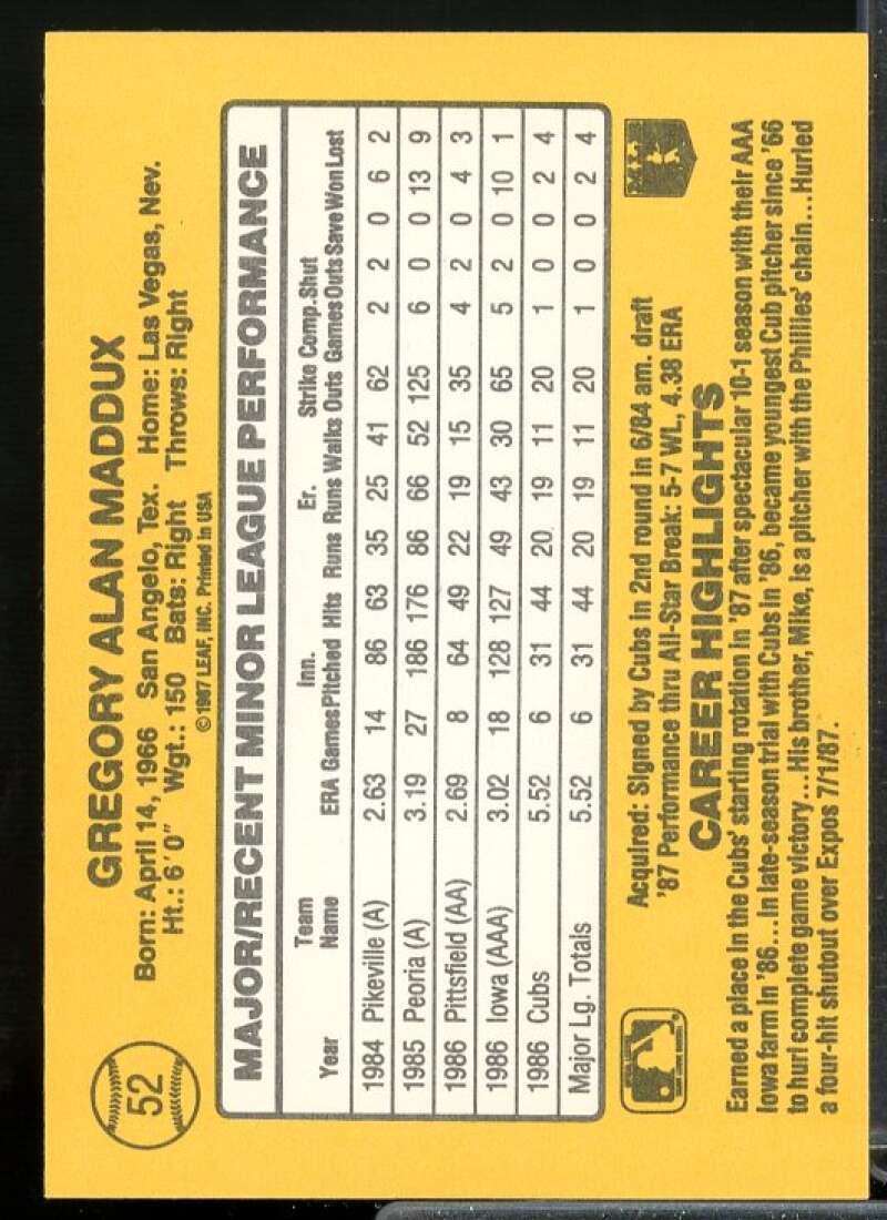 Greg Maddux Card 1987 Donruss Rookies #52  Image 2