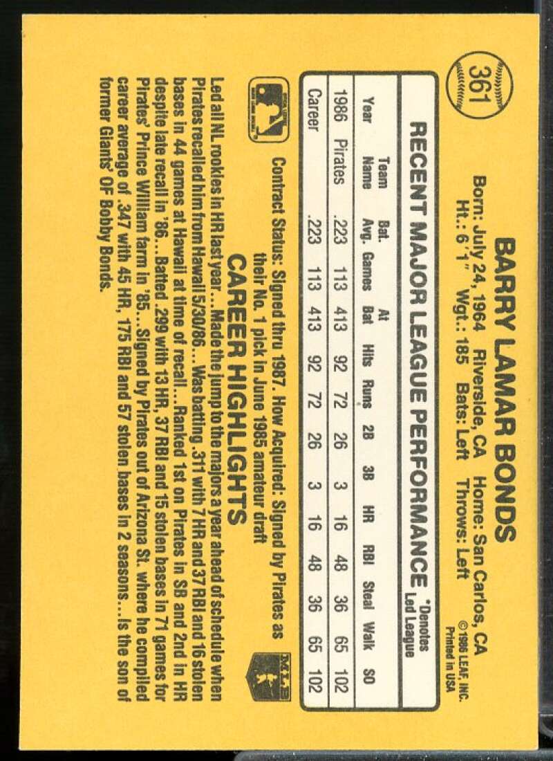 Barry Bonds Rookie Card 1987 Donruss #361  Image 2