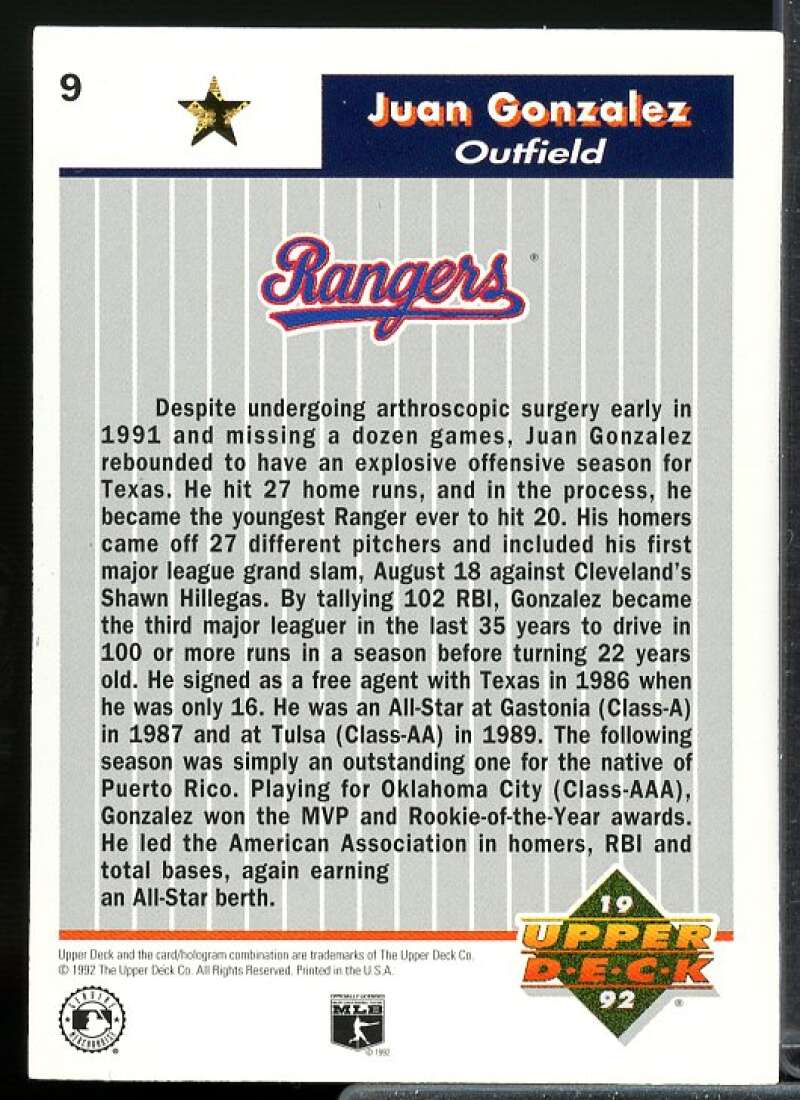 Juan Gonzalez Card 1992 Upper Deck FanFest Gold #9  Image 2