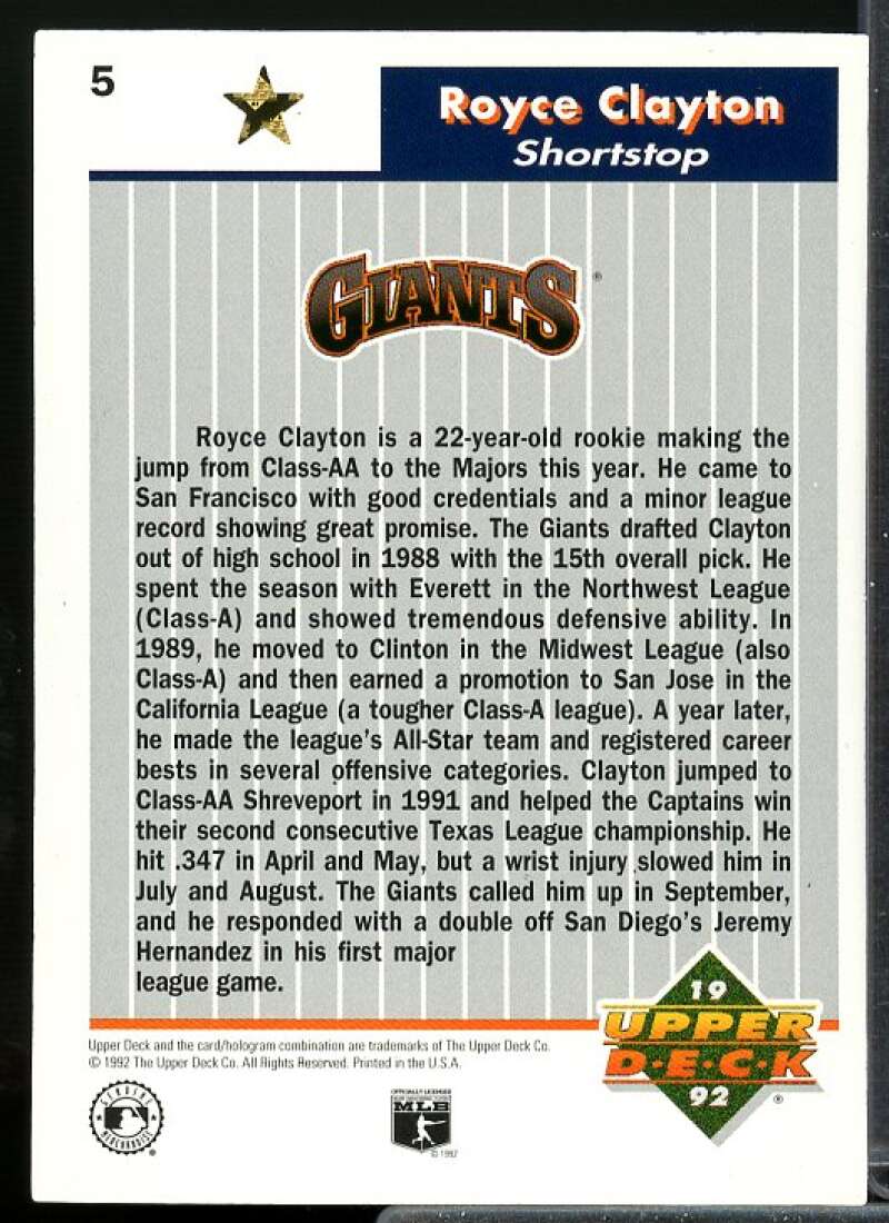 Royce Clayton Card 1992 Upper Deck FanFest Gold #5  Image 2
