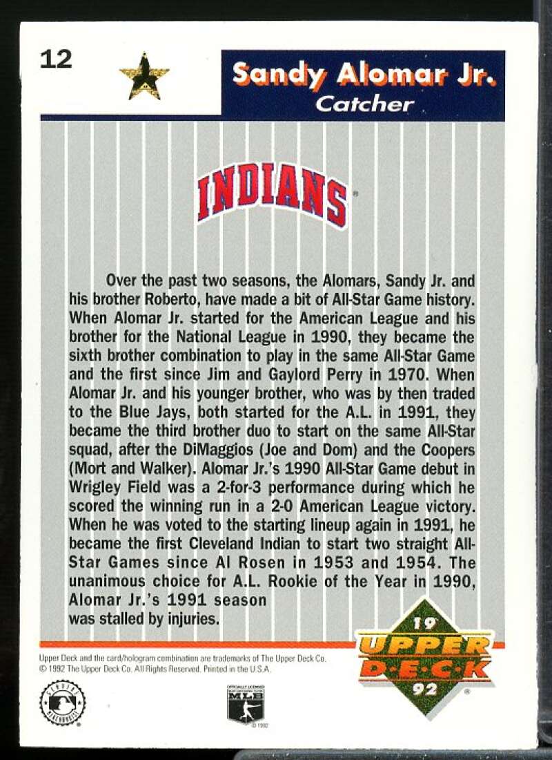 Sandy Alomar Jr. Card 1992 Upper Deck FanFest Gold #12  Image 2