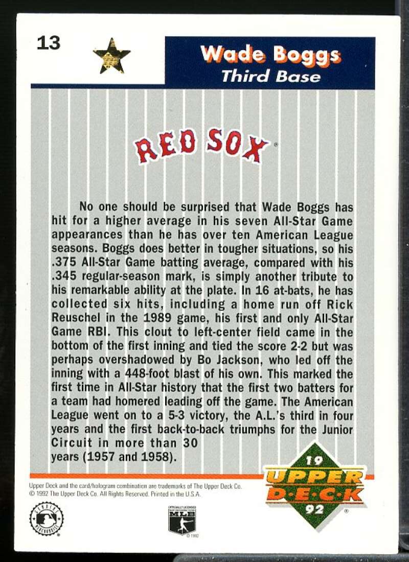 Wade Boggs Card 1992 Upper Deck FanFest Gold #13  Image 2