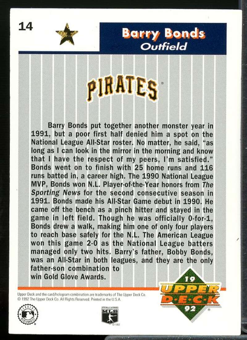 Barry Bonds Card 1992 Upper Deck FanFest Gold #14  Image 2