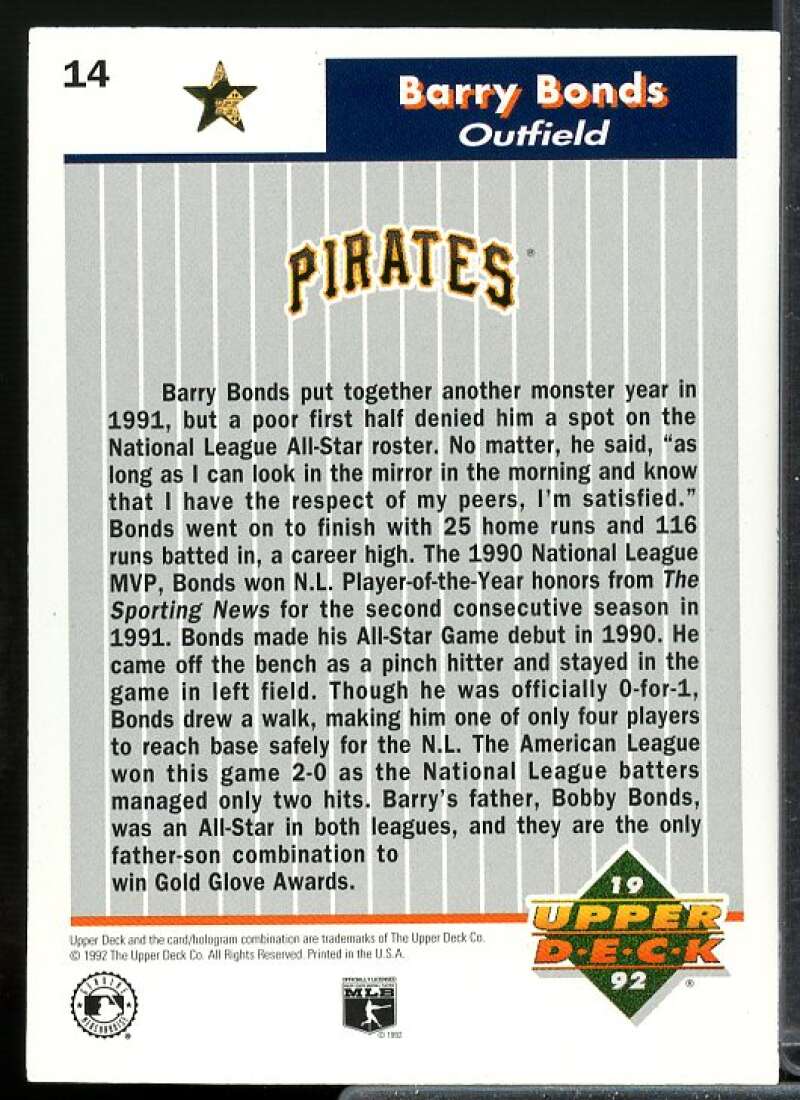 Barry Bonds Card 1992 Upper Deck FanFest Gold #14  Image 2