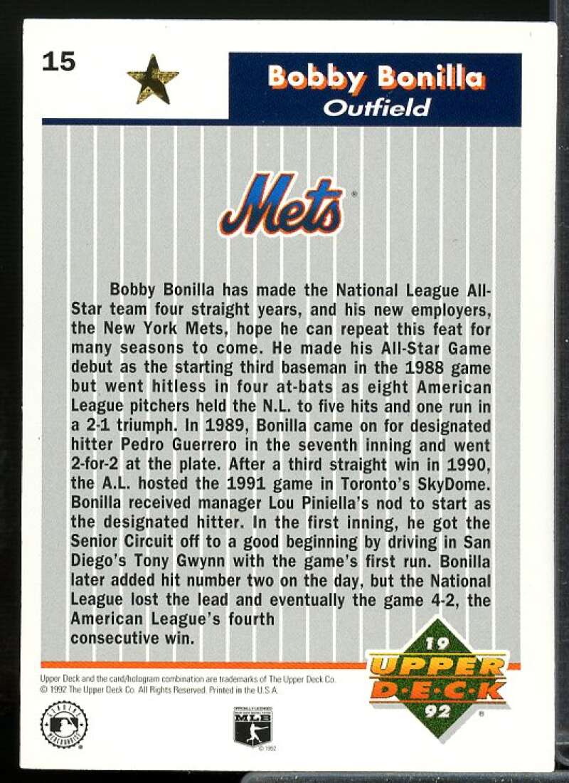 Bobby Bonilla Card 1992 Upper Deck FanFest Gold #15  Image 2