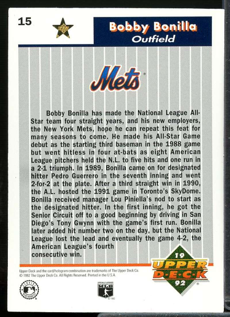 Bobby Bonilla Card 1992 Upper Deck FanFest Gold #15  Image 2