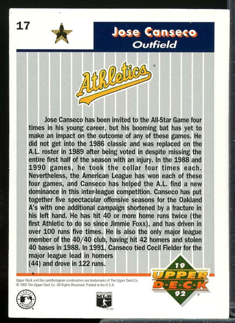 Jose Canseco Card 1992 Upper Deck FanFest Gold #17  Image 2