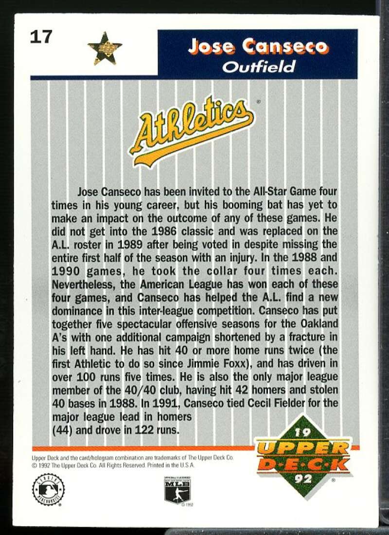 Jose Canseco Card 1992 Upper Deck FanFest Gold #17  Image 2