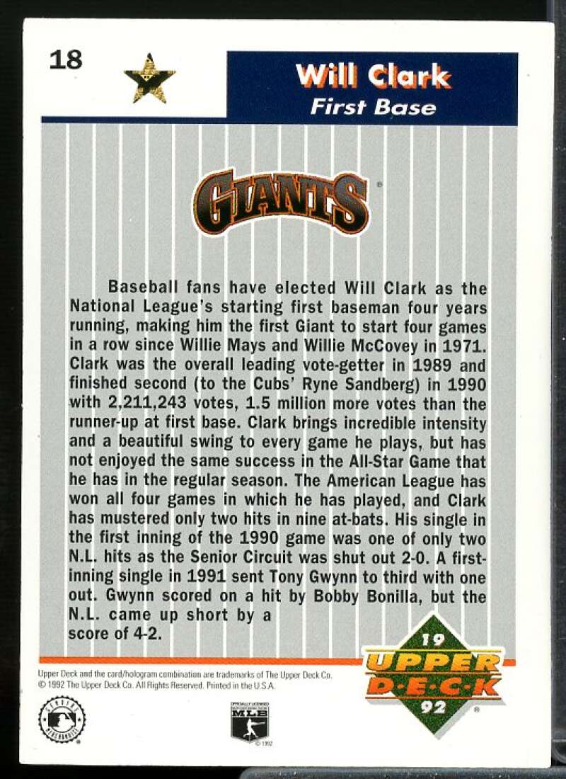 Will Clark Card 1992 Upper Deck FanFest Gold #18  Image 2