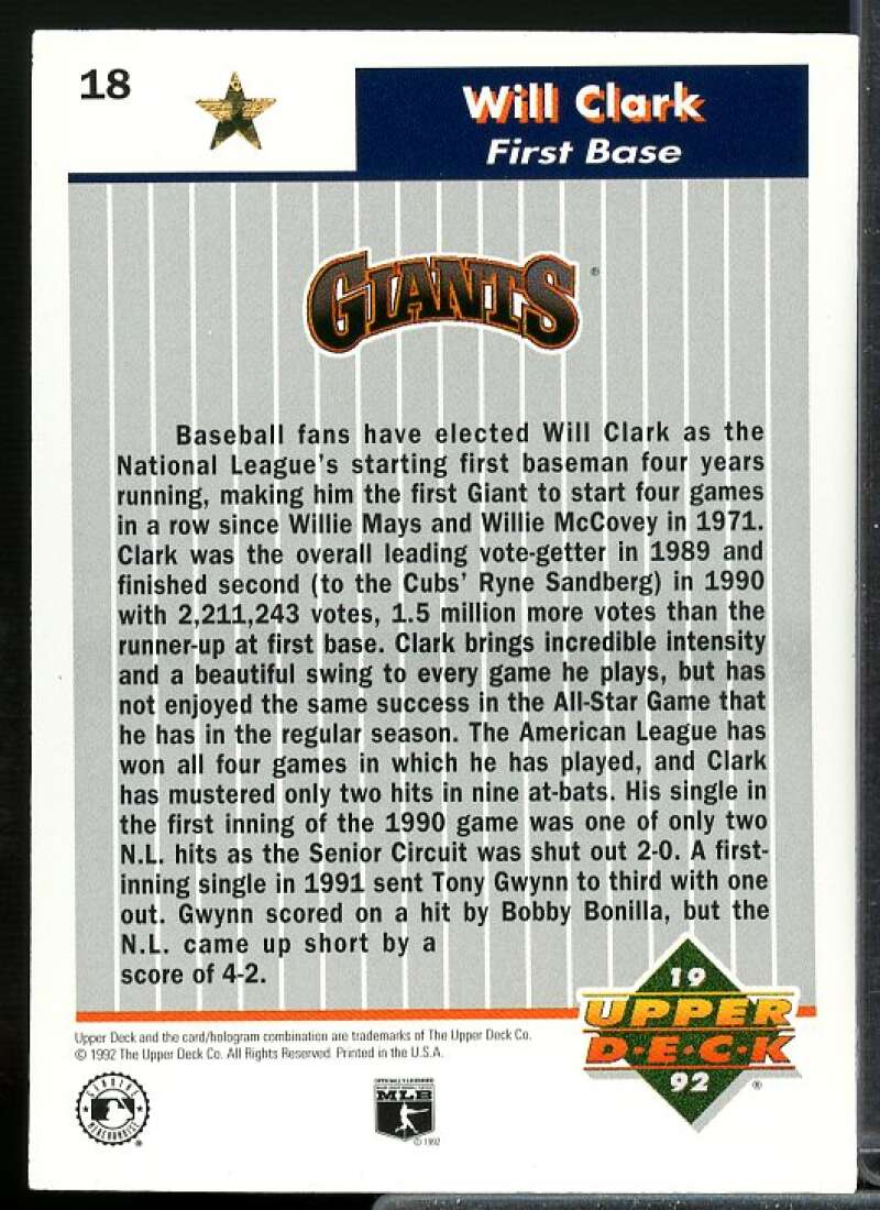 Will Clark Card 1992 Upper Deck FanFest Gold #18  Image 2