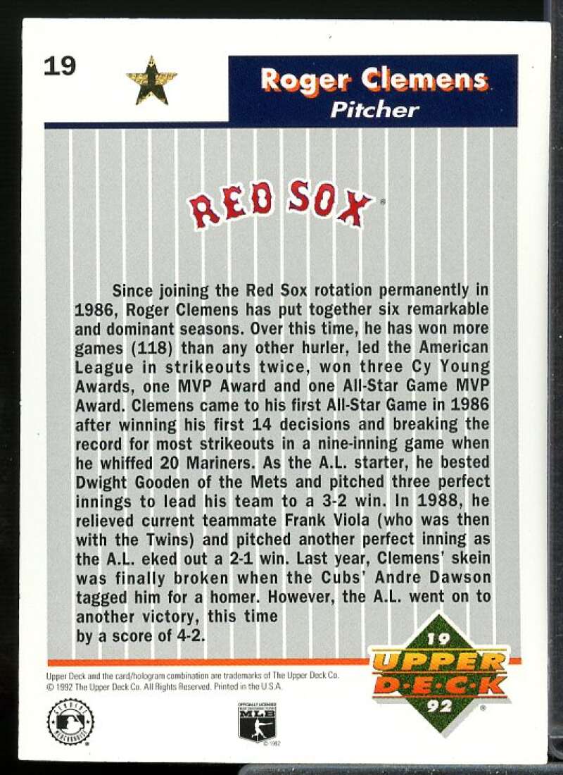Roger Clemens Card 1992 Upper Deck FanFest Gold #19  Image 2