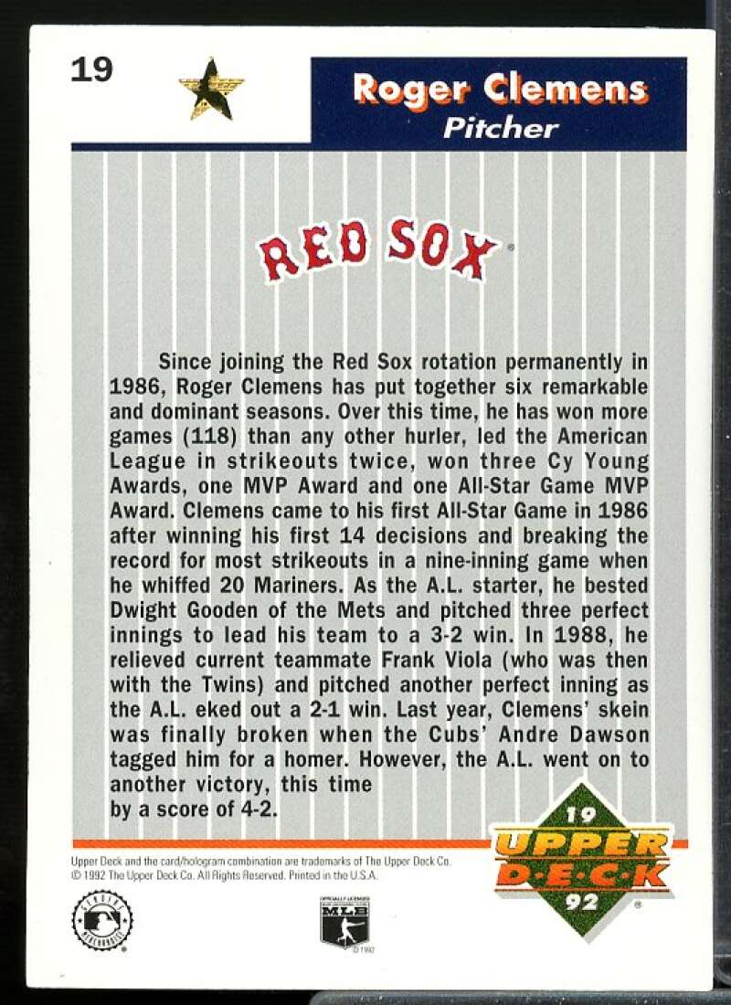 Roger Clemens Card 1992 Upper Deck FanFest Gold #19  Image 2