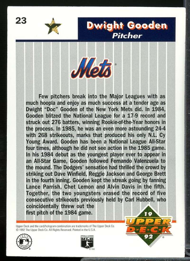 Dwight Gooden Card 1992 Upper Deck FanFest Gold #23  Image 2