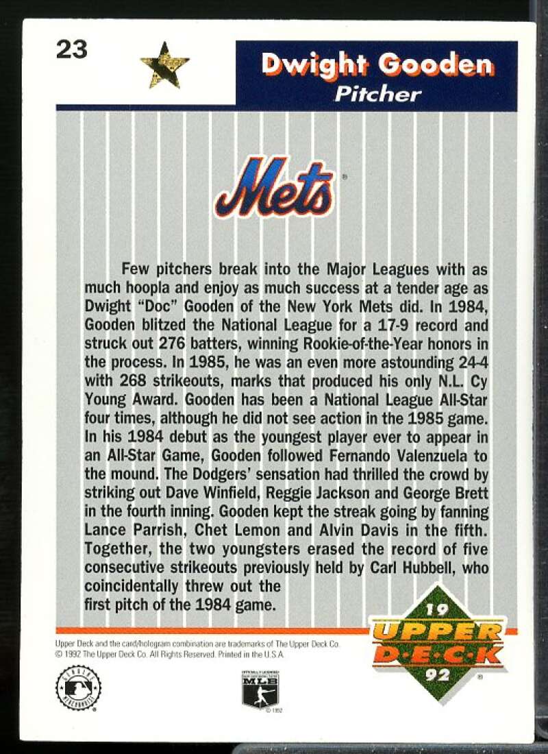 Dwight Gooden Card 1992 Upper Deck FanFest Gold #23  Image 2