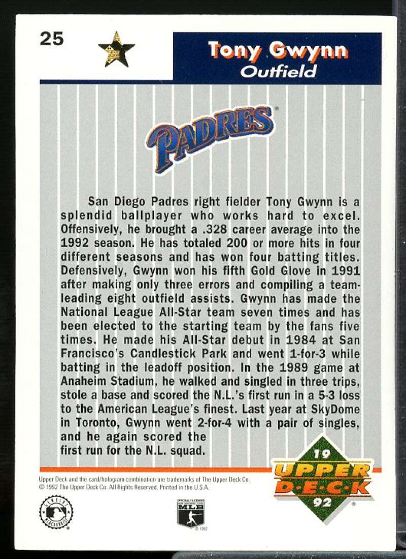 Tony Gwynn Card 1992 Upper Deck FanFest Gold #25  Image 2