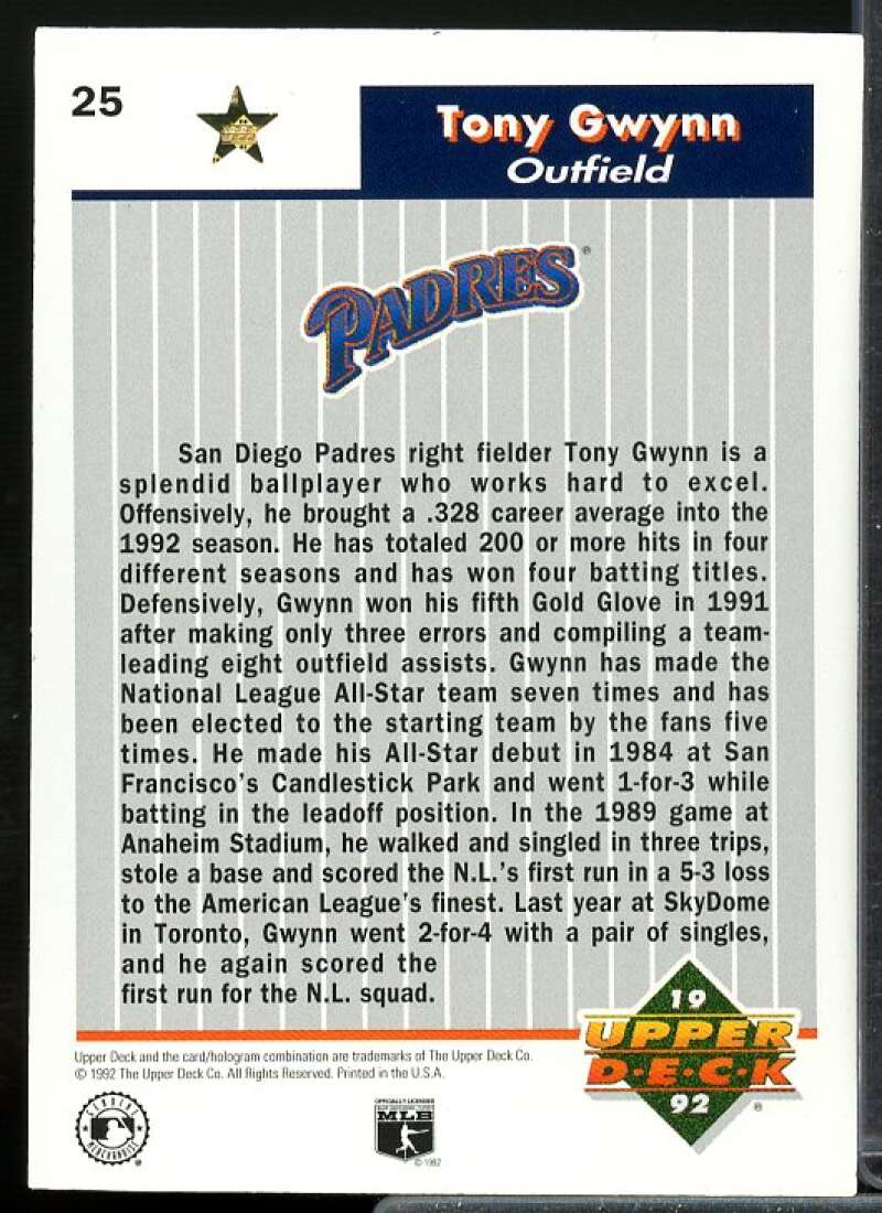 Tony Gwynn Card 1992 Upper Deck FanFest Gold #25  Image 2