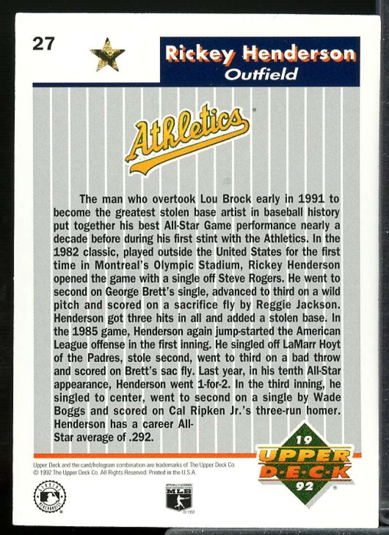 Rickey Henderson Card 1992 Upper Deck FanFest Gold #27  Image 2