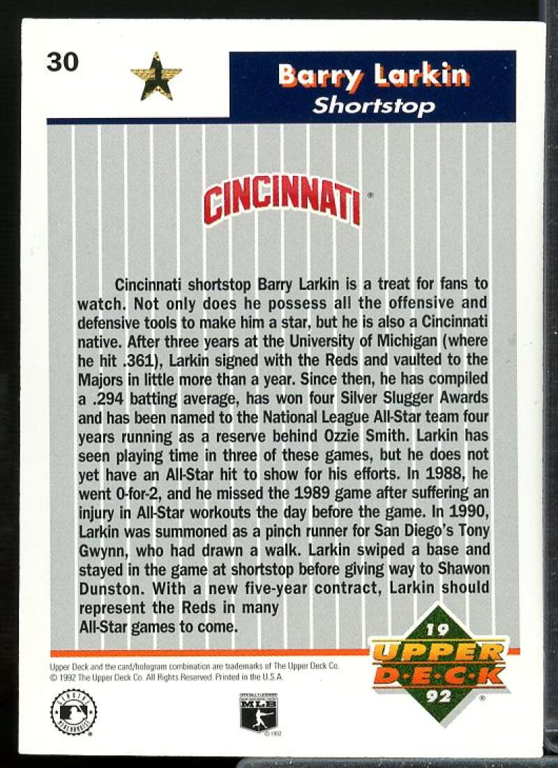 Barry Larkin Card 1992 Upper Deck FanFest Gold #30  Image 2