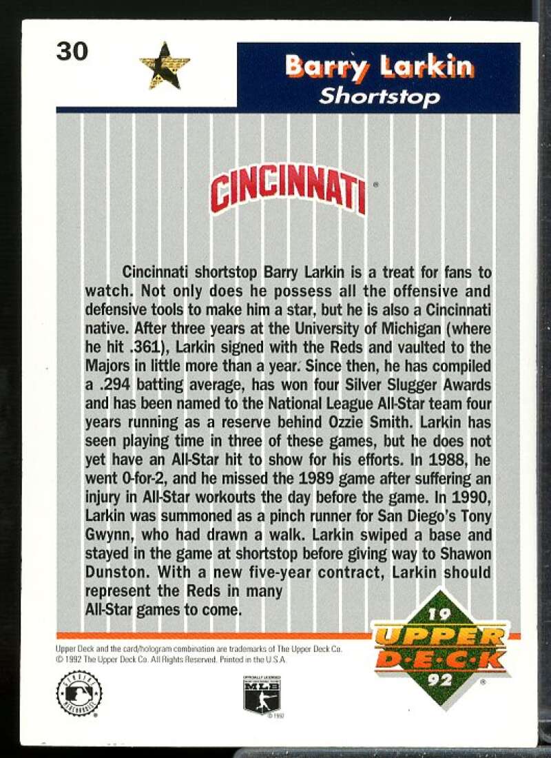 Barry Larkin Card 1992 Upper Deck FanFest Gold #30  Image 2