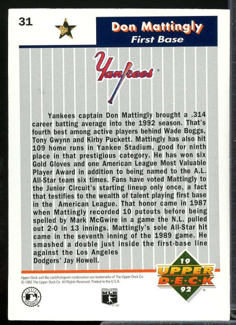 Don Mattingly Card 1992 Upper Deck FanFest Gold #31  Image 2