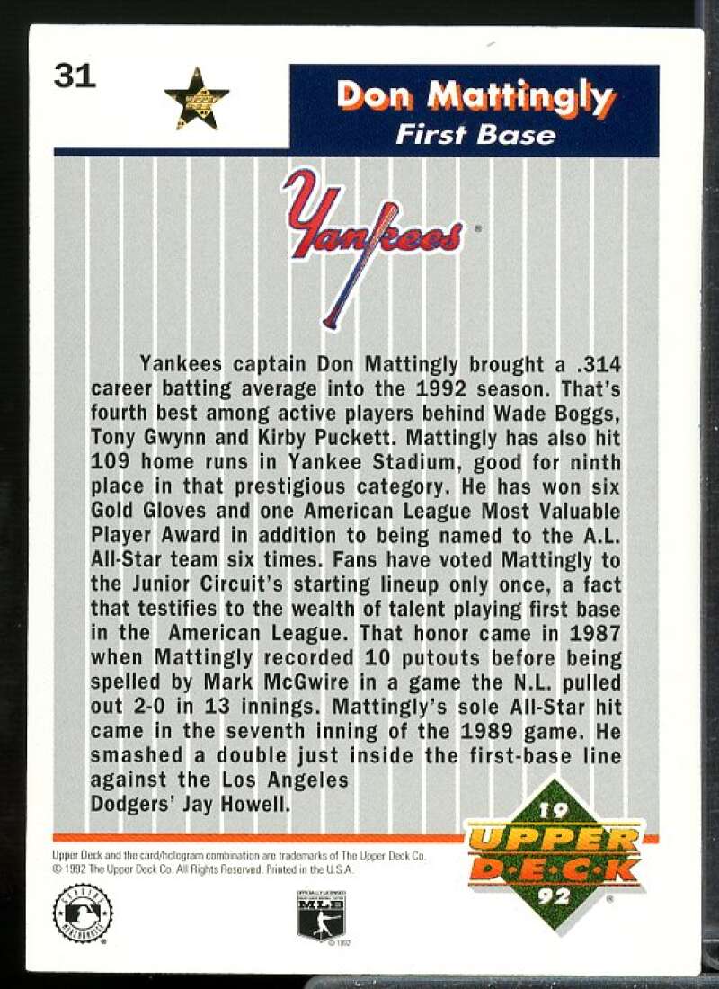 Don Mattingly Card 1992 Upper Deck FanFest Gold #31  Image 2