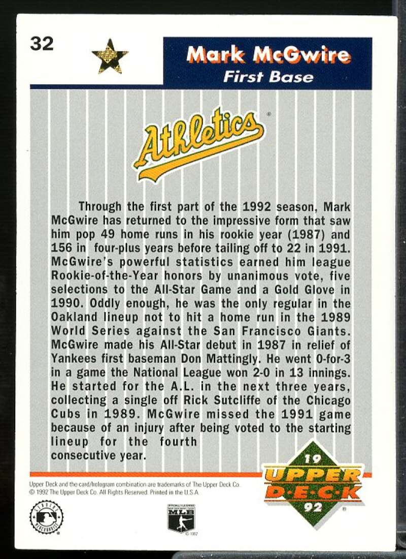 Mark McGwire Card 1992 Upper Deck FanFest Gold #32  Image 2