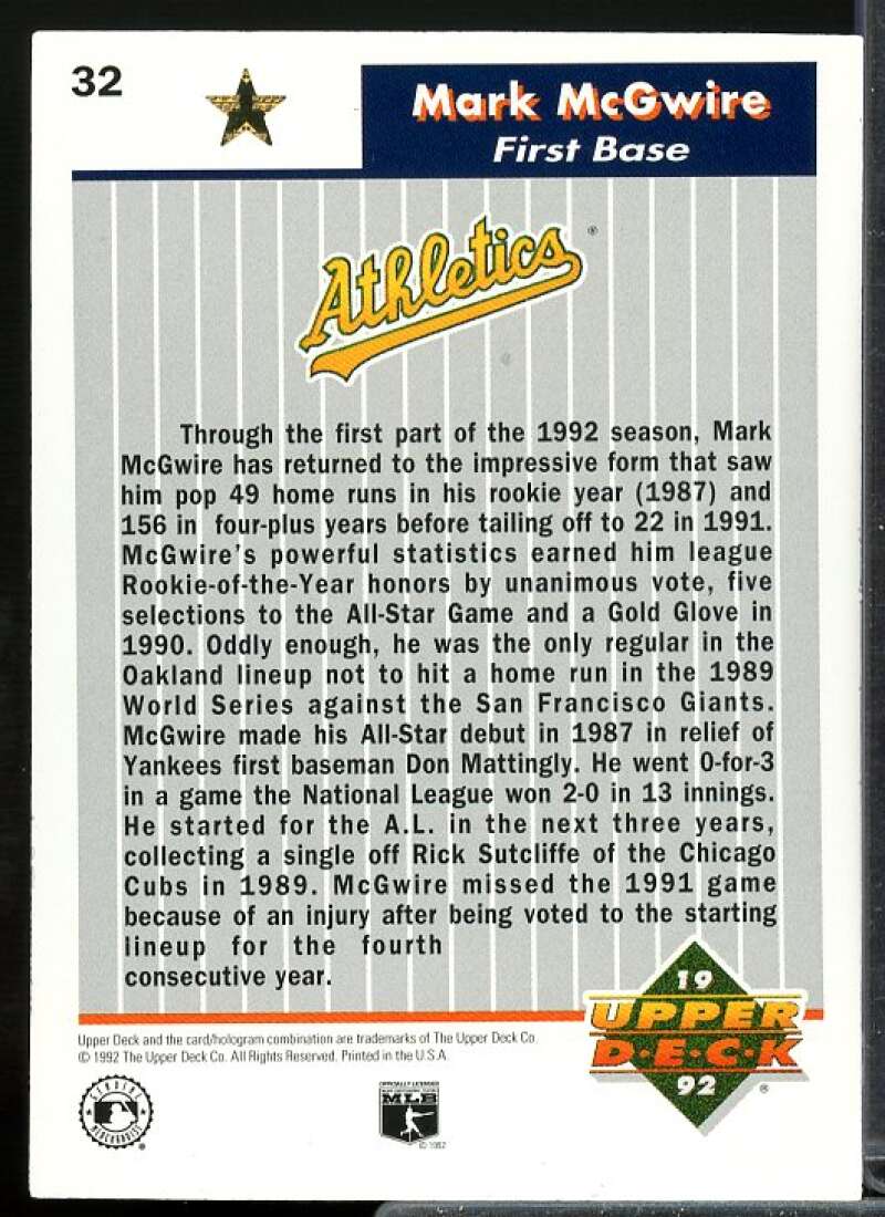Mark McGwire Card 1992 Upper Deck FanFest Gold #32  Image 2