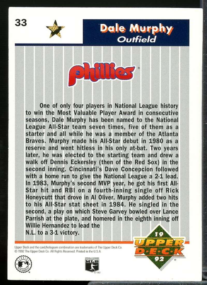 Dale Murphy Card 1992 Upper Deck FanFest Gold #33  Image 2