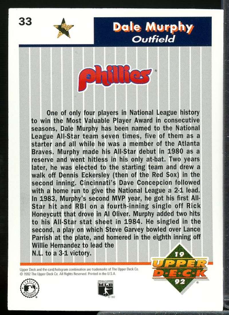 Dale Murphy Card 1992 Upper Deck FanFest Gold #33  Image 2