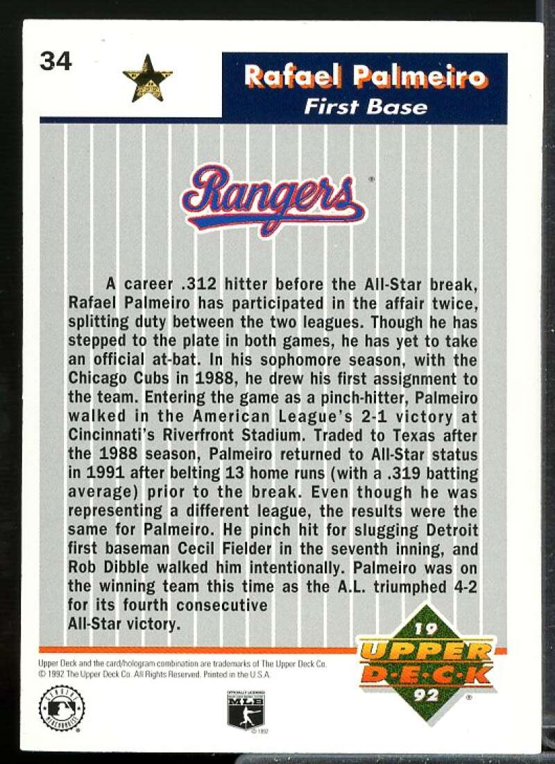 Rafael Palmeiro Card 1992 Upper Deck FanFest Gold #34  Image 2