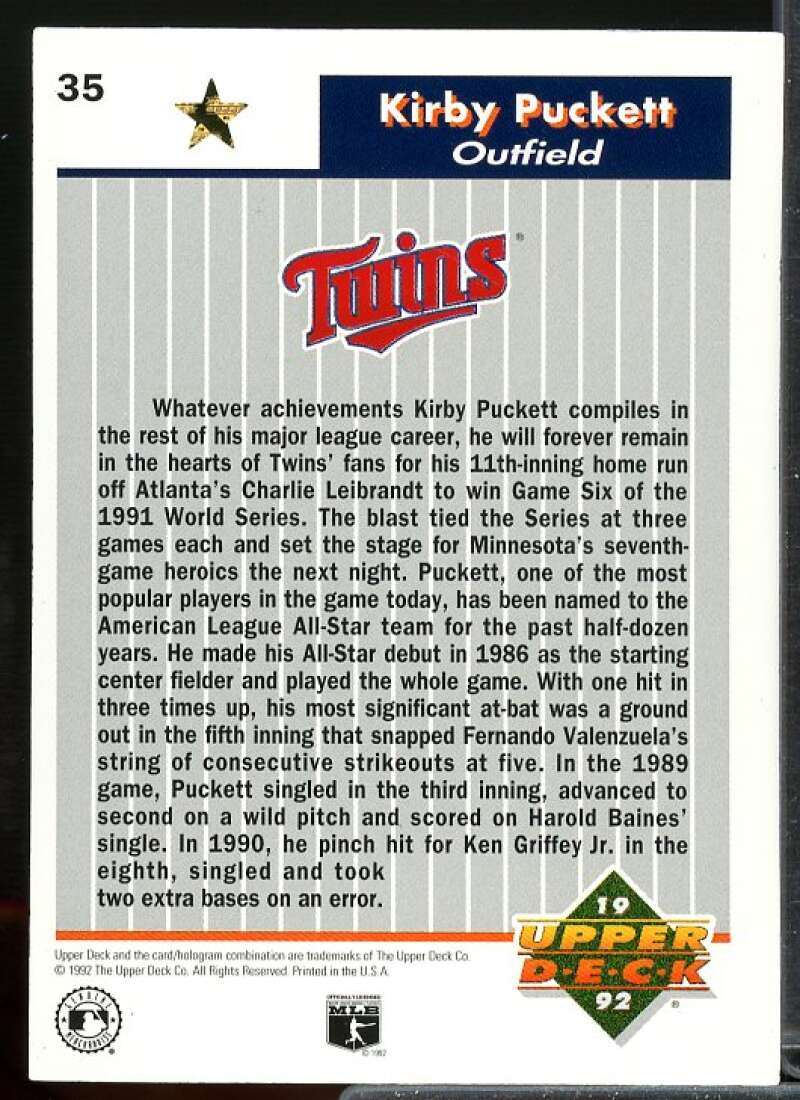 Kirby Puckett Card 1992 Upper Deck FanFest Gold #35  Image 2