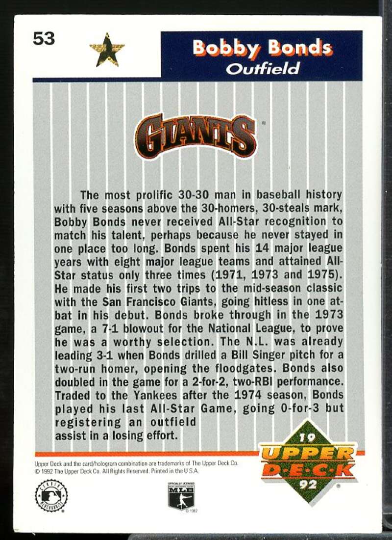 Bobby Bonds Card 1992 Upper Deck FanFest Gold #53  Image 2