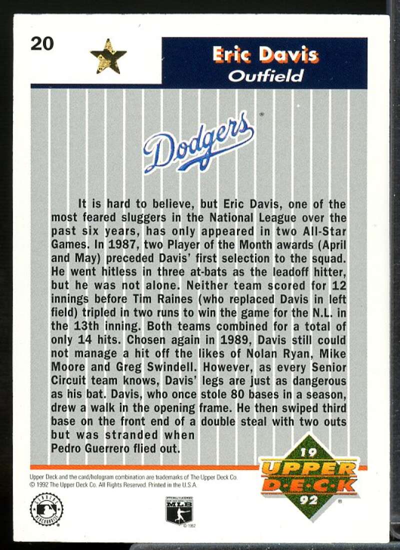 Eric Davis Card 1992 Upper Deck FanFest Gold #20  Image 2