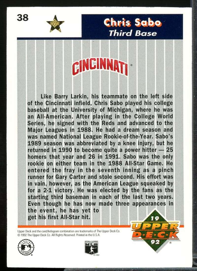 Chris Sabo Card 1992 Upper Deck FanFest Gold #38  Image 2