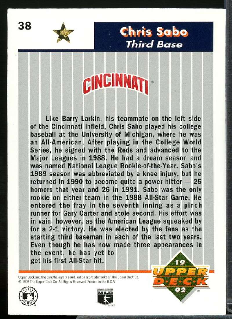 Chris Sabo Card 1992 Upper Deck FanFest Gold #38  Image 2