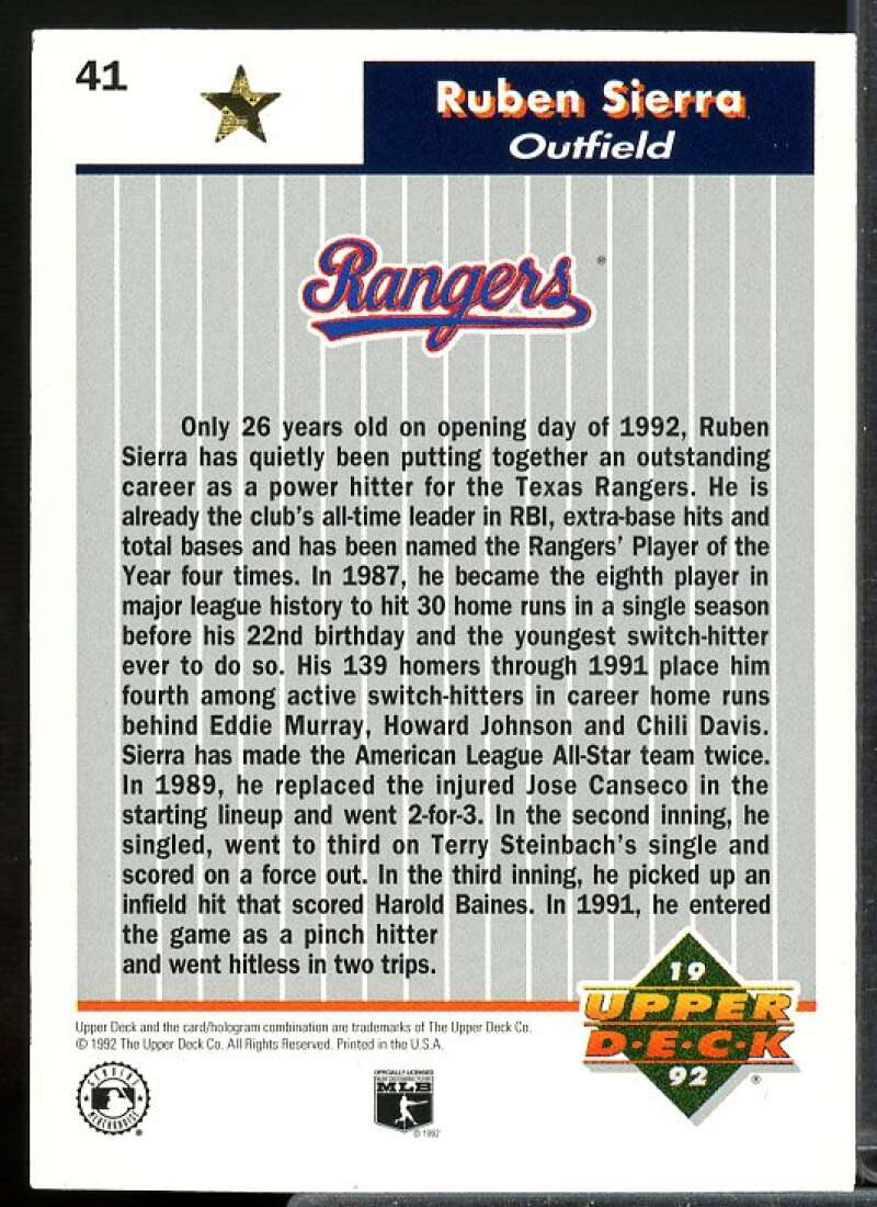 Ruben Sierra Card 1992 Upper Deck FanFest Gold #41  Image 2