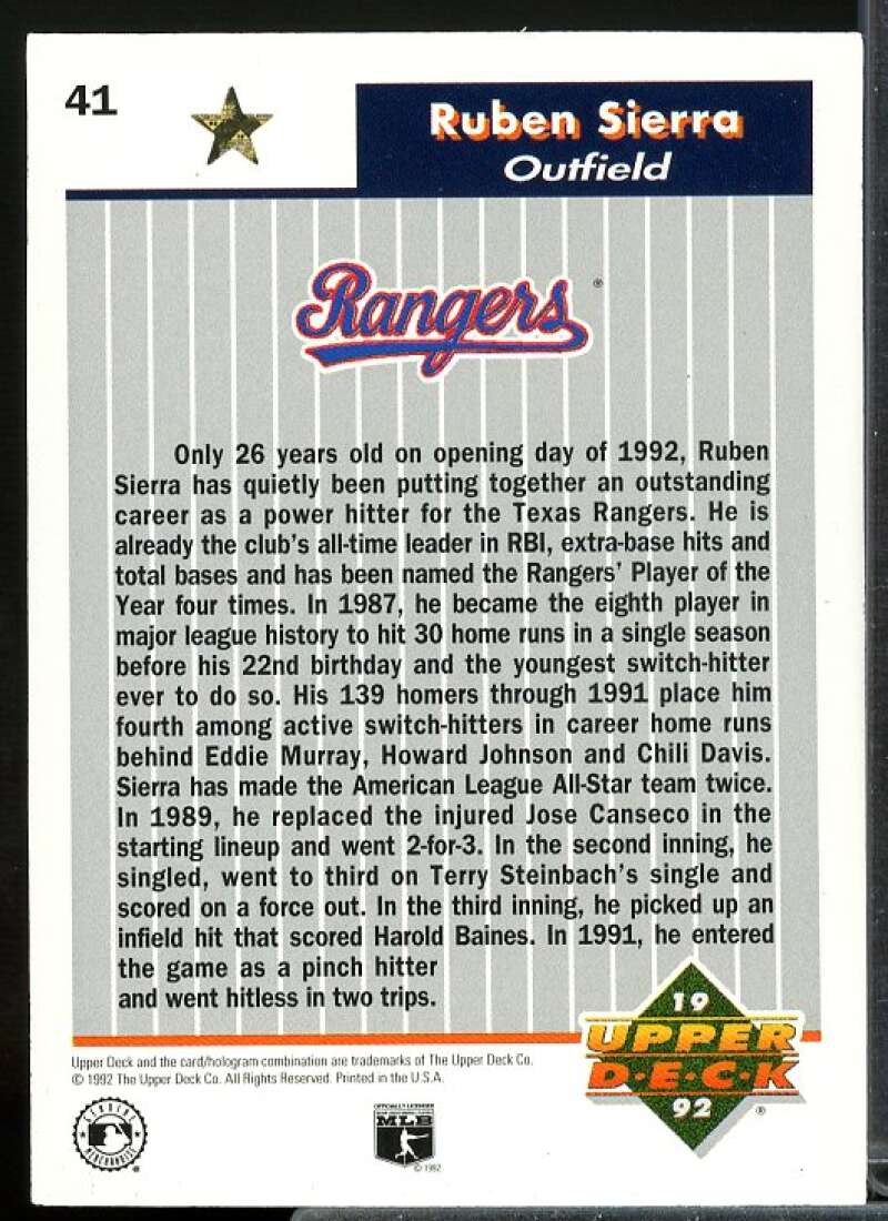 Ruben Sierra Card 1992 Upper Deck FanFest Gold #41  Image 2