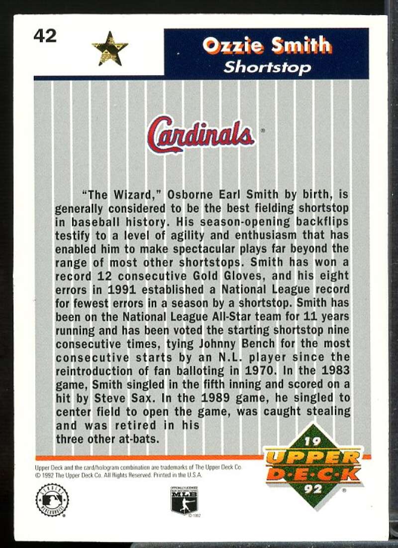 Ozzie Smith Card 1992 Upper Deck FanFest Gold #42  Image 2