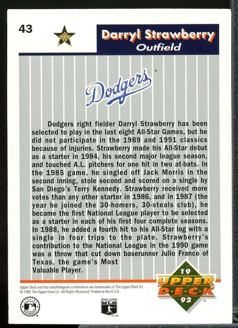 Darryl Strawberry Card 1992 Upper Deck FanFest Gold #43  Image 2