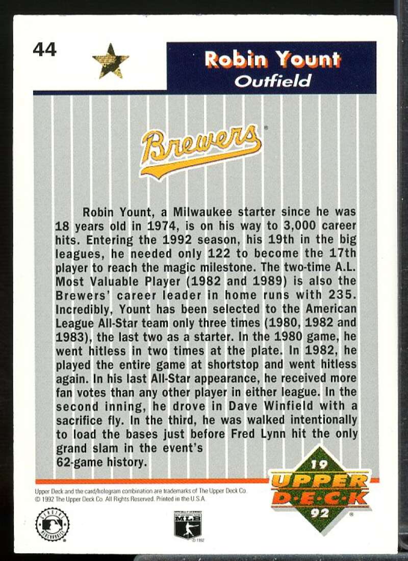 Robin Yount Card 1992 Upper Deck FanFest Gold #44  Image 2