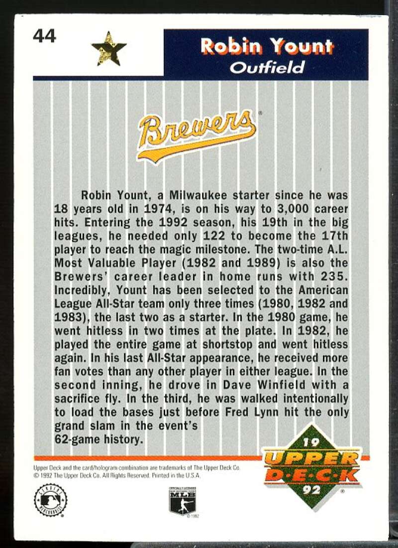 Robin Yount Card 1992 Upper Deck FanFest Gold #44  Image 2