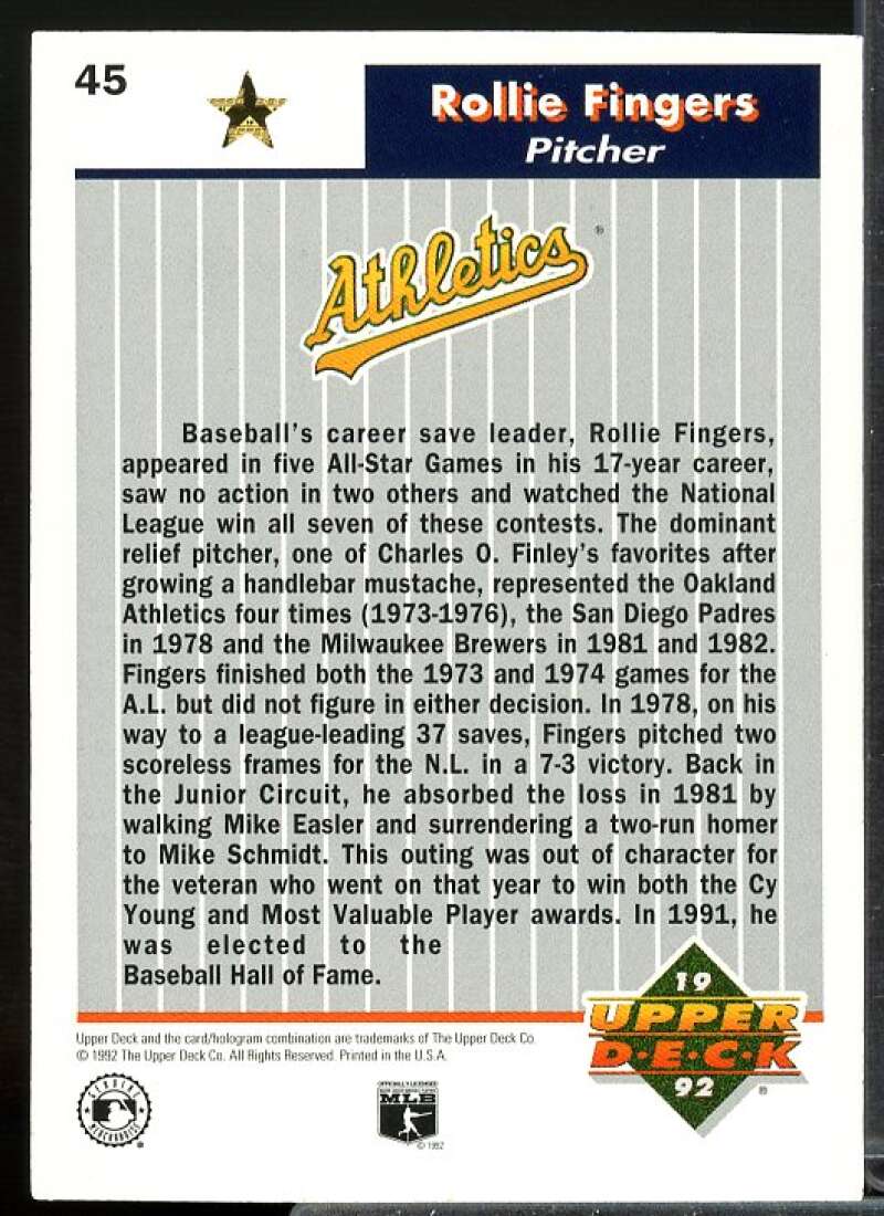 Rollie Fingers Card 1992 Upper Deck FanFest Gold #45  Image 2