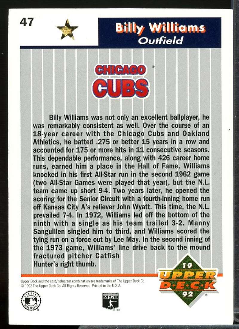 Billy Williams Card 1992 Upper Deck FanFest Gold #47  Image 2