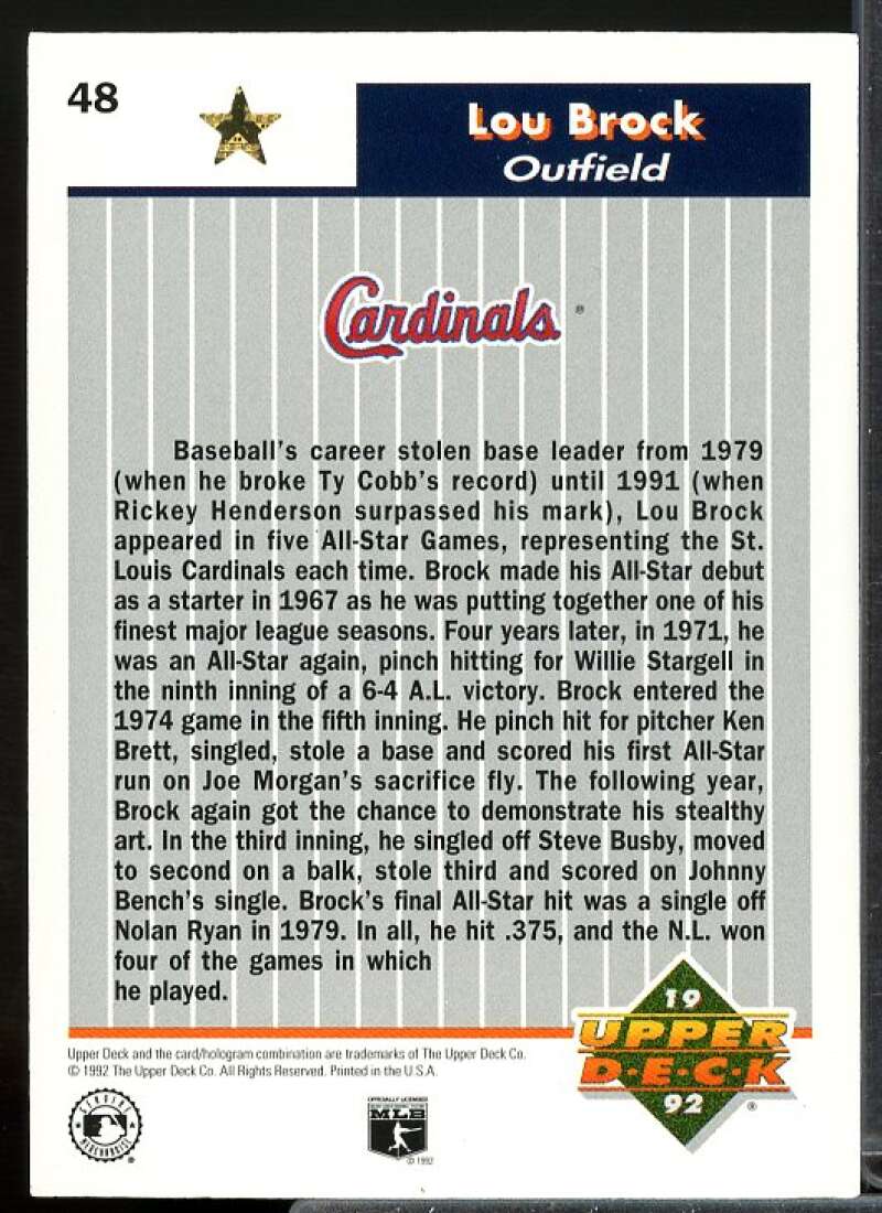Lou Brock Card 1992 Upper Deck FanFest Gold #48  Image 2