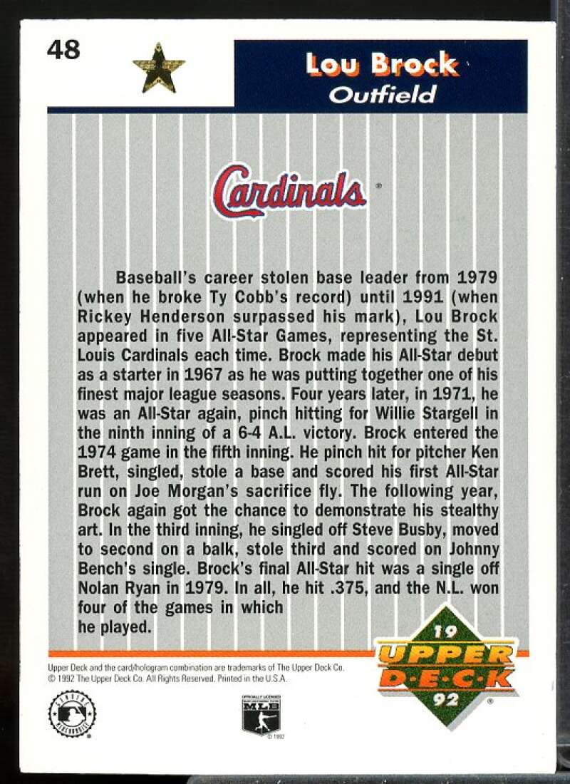 Lou Brock Card 1992 Upper Deck FanFest Gold #48  Image 2