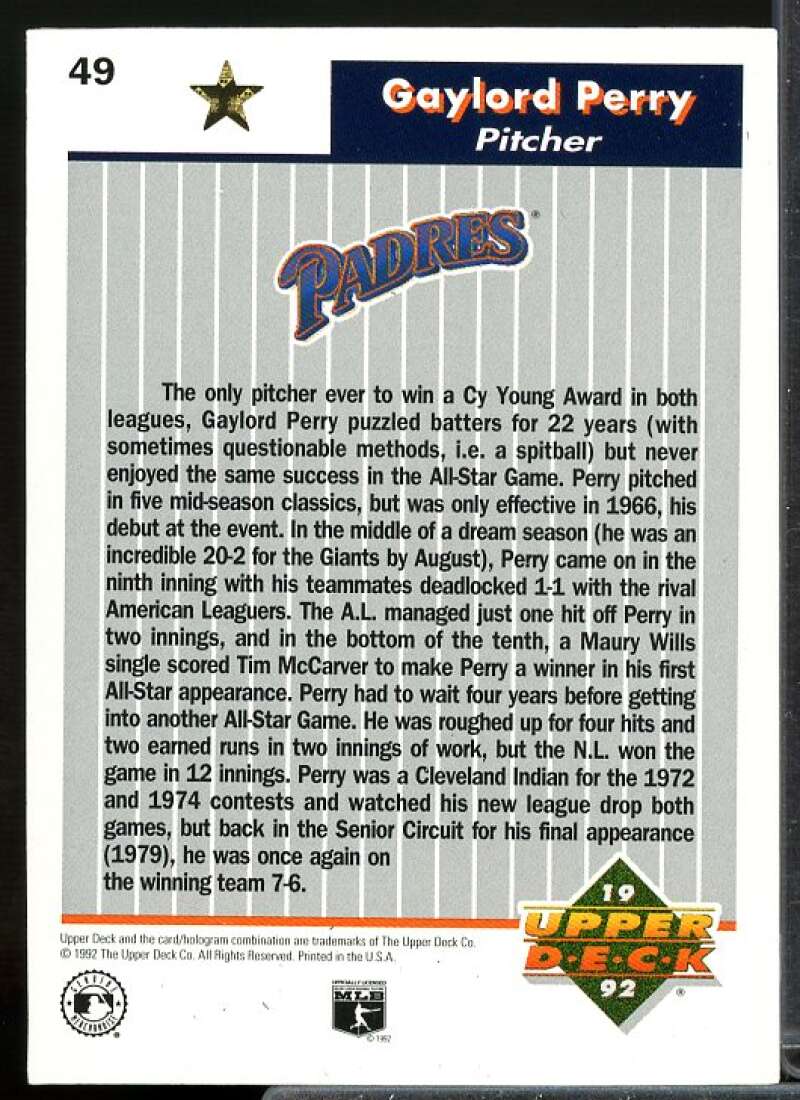 Gaylord Perry Card 1992 Upper Deck FanFest Gold #49  Image 2