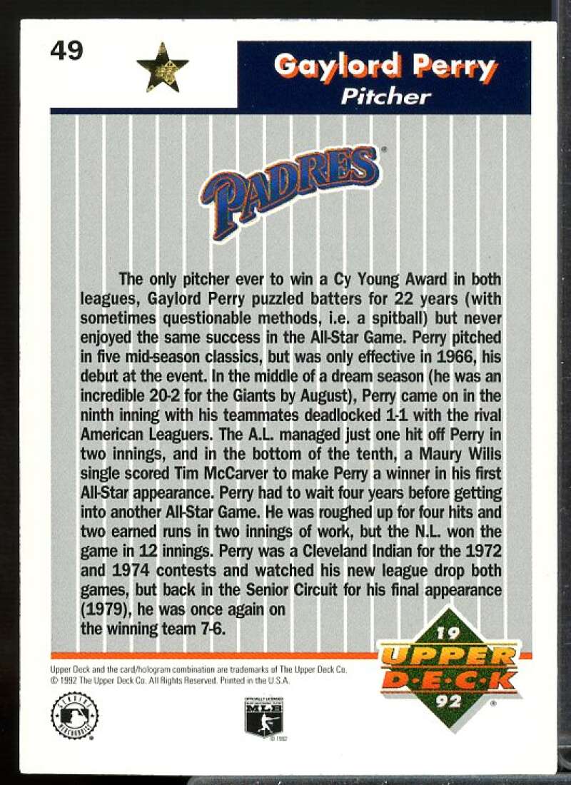 Gaylord Perry Card 1992 Upper Deck FanFest Gold #49  Image 2
