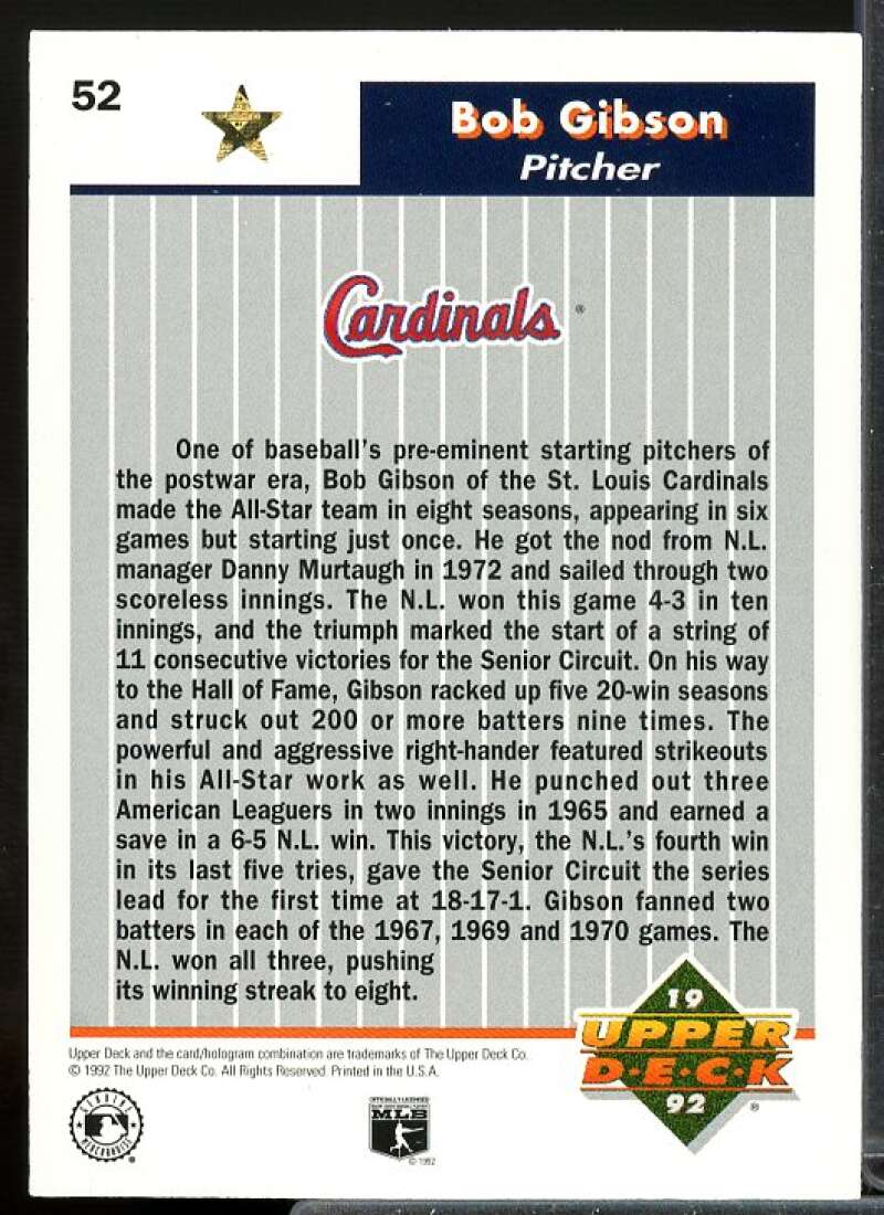 Bob Gibson Card 1992 Upper Deck FanFest Gold #52  Image 2