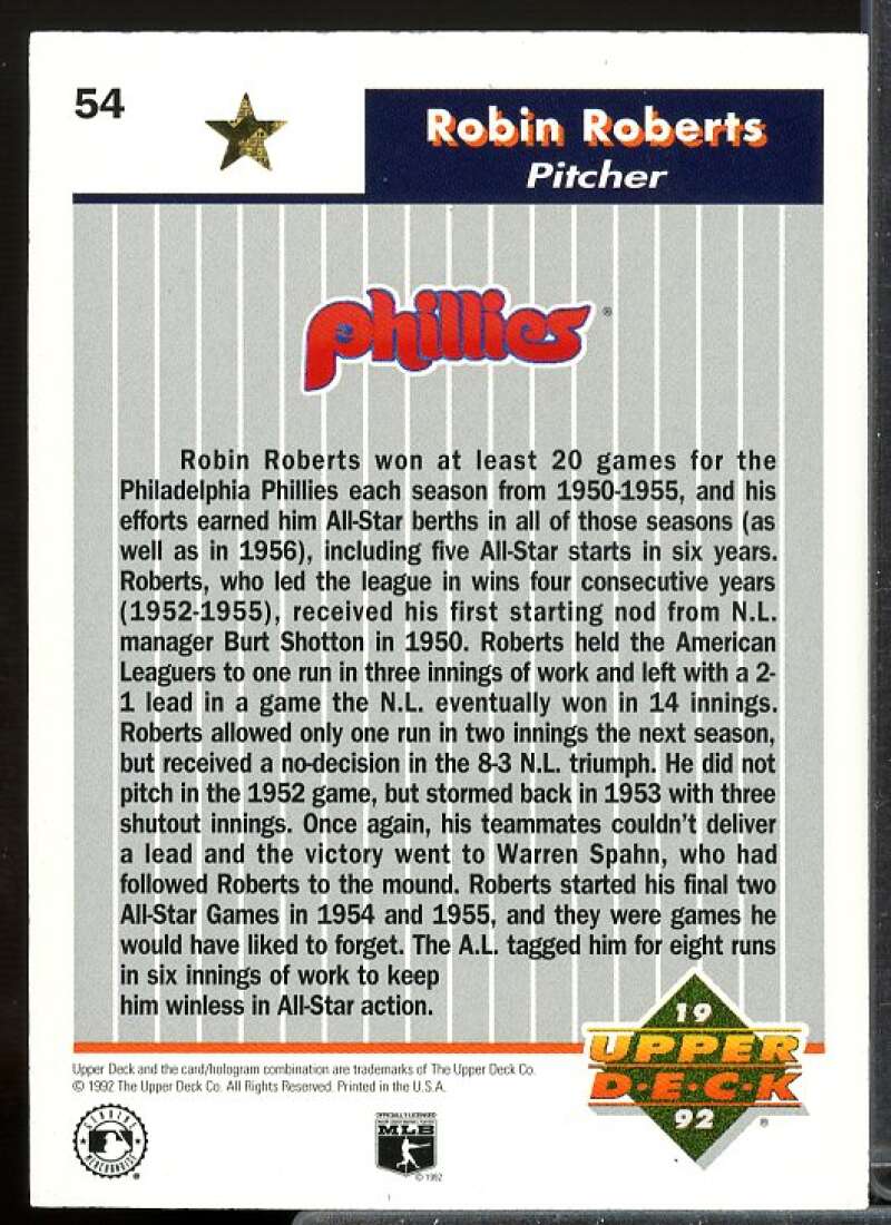 Robin Roberts Card 1992 Upper Deck FanFest Gold #54  Image 2