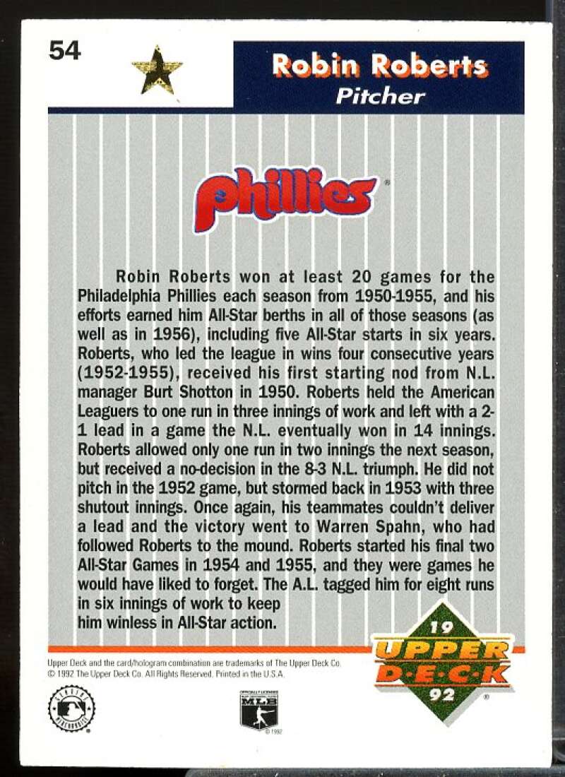 Robin Roberts Card 1992 Upper Deck FanFest Gold #54  Image 2